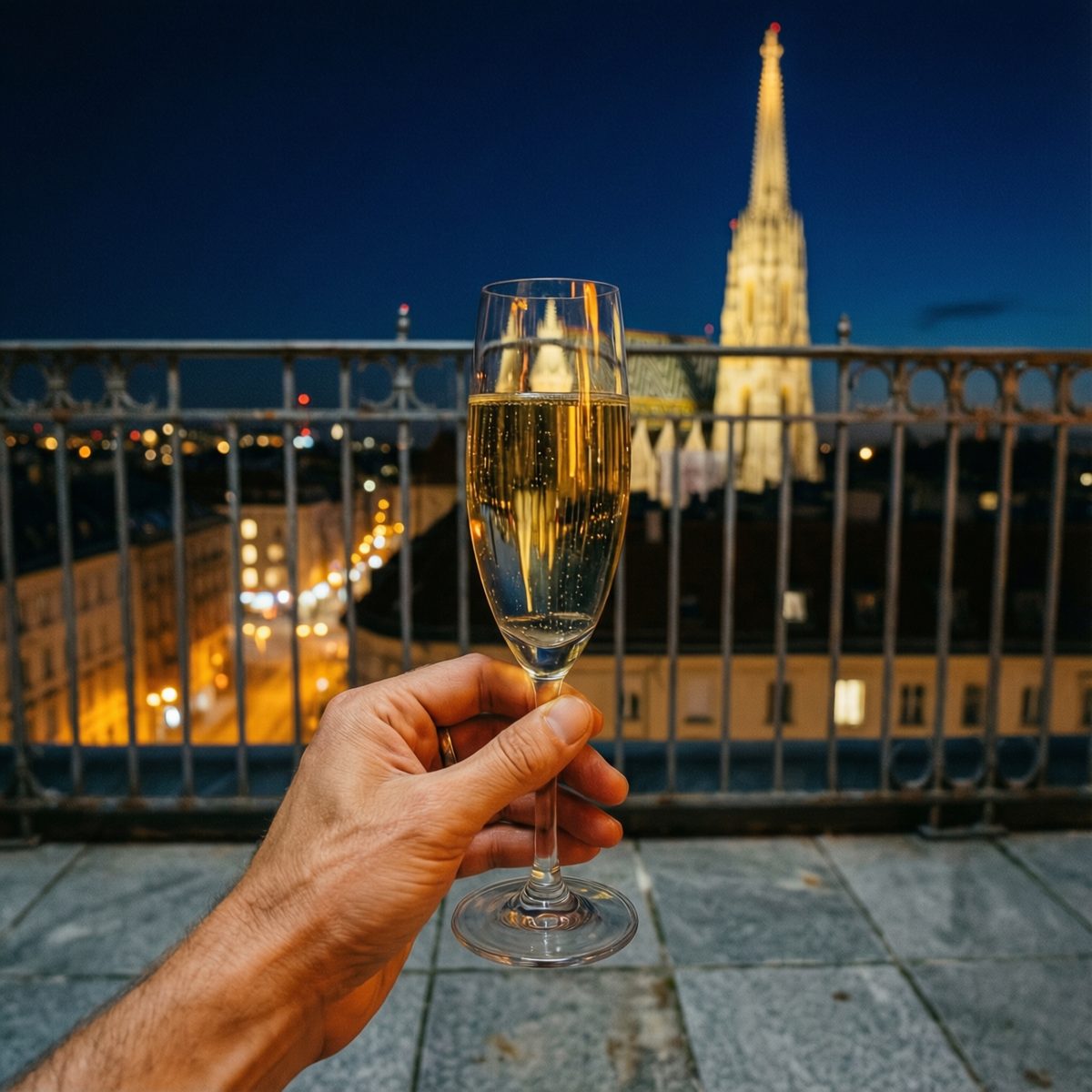 Champagne on a Vienna terrace at night